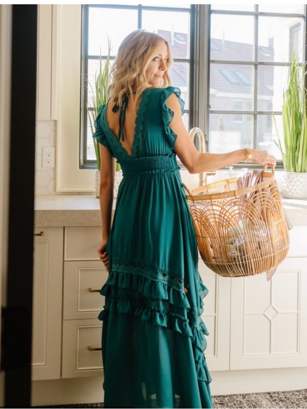 Baltic Born Teal Ruffled Maxi Dress with Lace Details